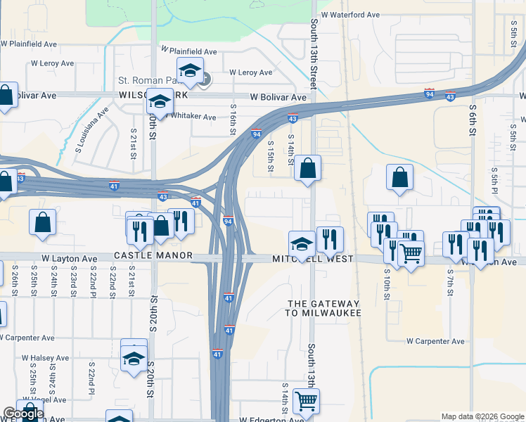 map of restaurants, bars, coffee shops, grocery stores, and more near 1534 West Cudahy Avenue in Milwaukee