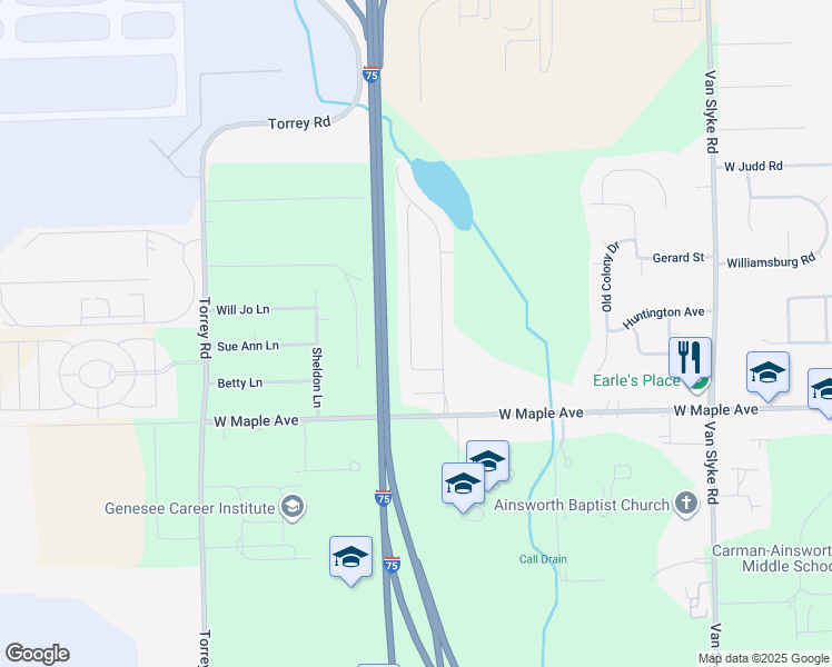 map of restaurants, bars, coffee shops, grocery stores, and more near 4499 Rainbow Lane in Flint