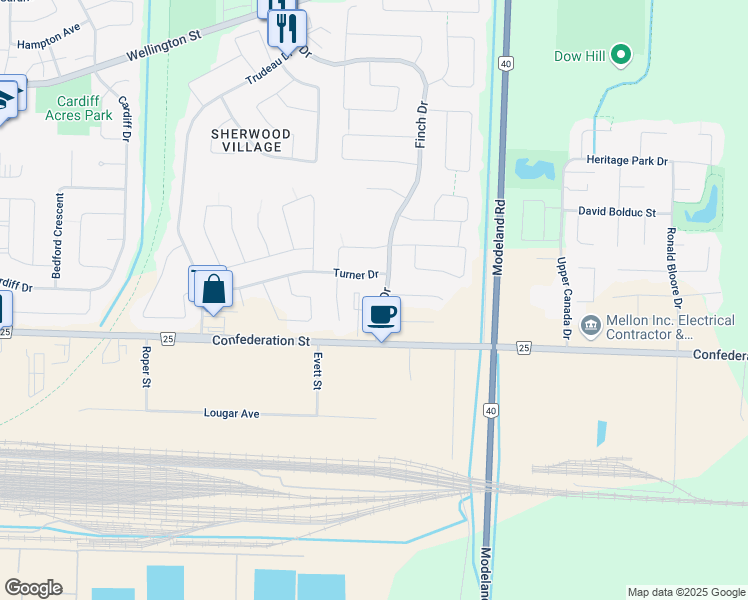 map of restaurants, bars, coffee shops, grocery stores, and more near 269 Finch Drive in Sarnia