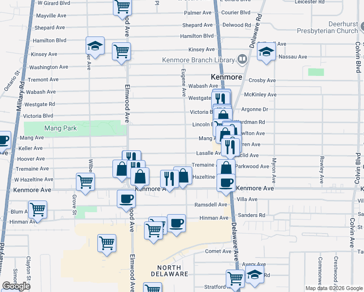 map of restaurants, bars, coffee shops, grocery stores, and more near 122 Mang Avenue in Buffalo