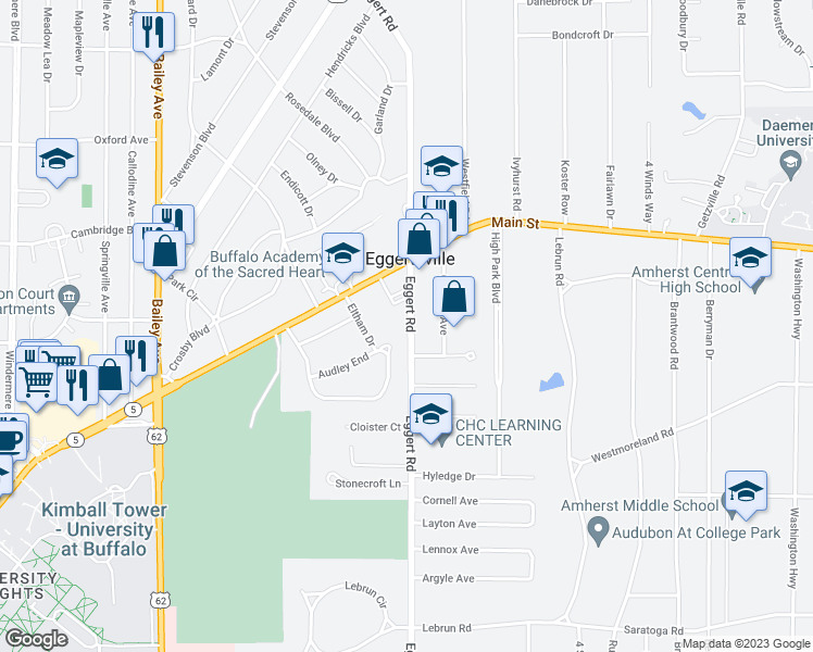 map of restaurants, bars, coffee shops, grocery stores, and more near 1218 Eggert Road in Buffalo