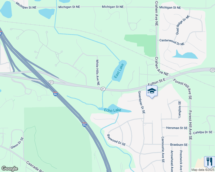 map of restaurants, bars, coffee shops, grocery stores, and more near 2 White Hills Avenue Northeast in Grand Rapids