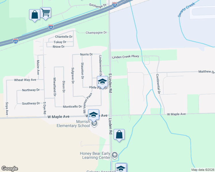 map of restaurants, bars, coffee shops, grocery stores, and more near 4414 South Linden Road in Flint