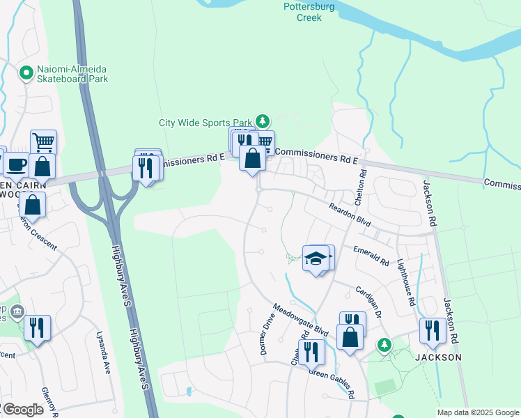 map of restaurants, bars, coffee shops, grocery stores, and more near 2187 Meadowgate Boulevard in London