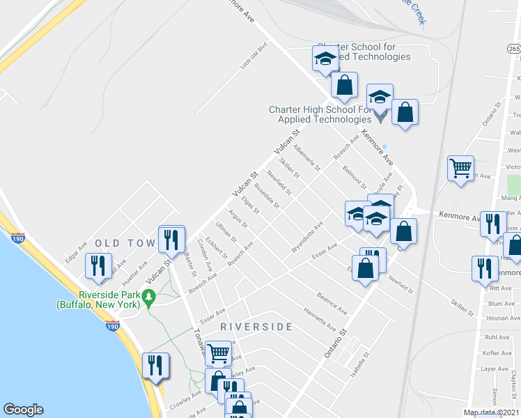 map of restaurants, bars, coffee shops, grocery stores, and more near 85 Elgas Street in Buffalo