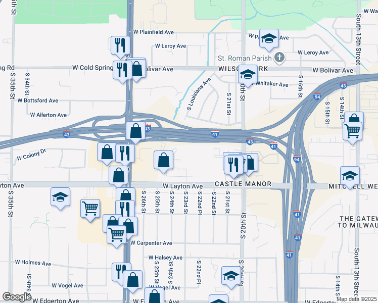 map of restaurants, bars, coffee shops, grocery stores, and more near 4546 South 23rd Street in Milwaukee
