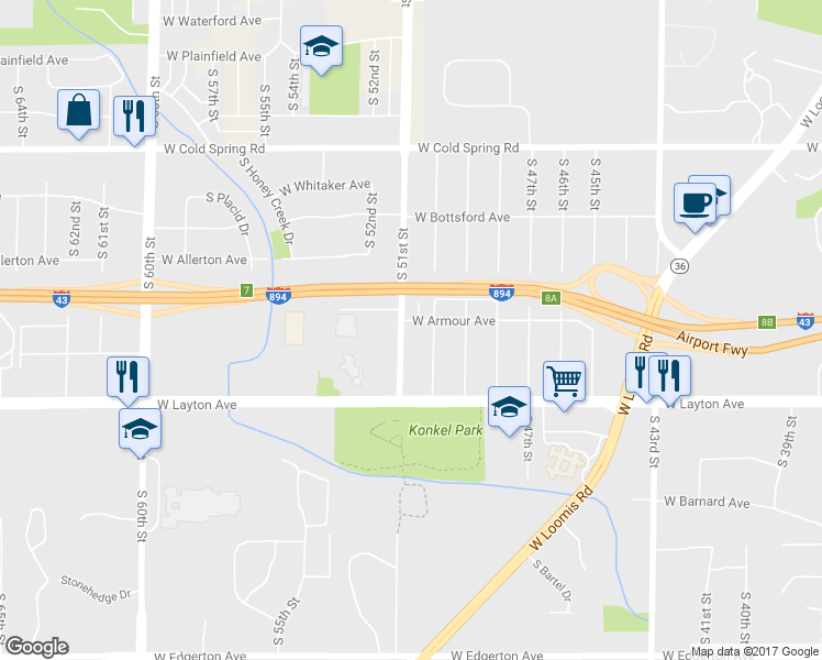 map of restaurants, bars, coffee shops, grocery stores, and more near 4600 South 51st Street in Greenfield
