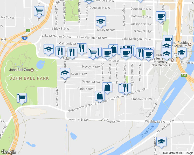 map of restaurants, bars, coffee shops, grocery stores, and more near 110 Lane Avenue Southwest in Grand Rapids