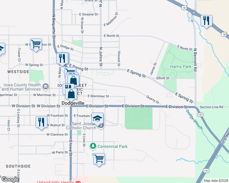 map of restaurants, bars, coffee shops, grocery stores, and more near 422 East Merrimac Street in Dodgeville