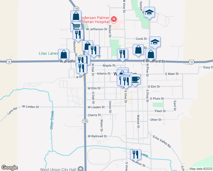 map of restaurants, bars, coffee shops, grocery stores, and more near 214 W Elm St in West Union