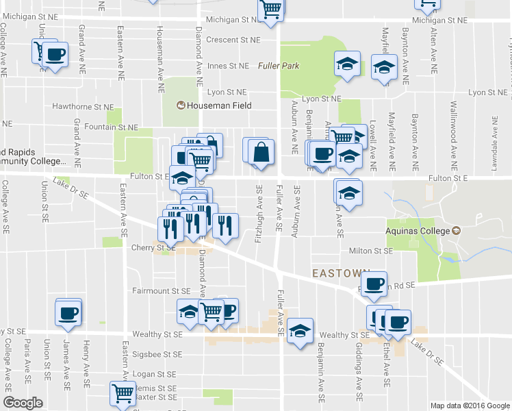 map of restaurants, bars, coffee shops, grocery stores, and more near 45 Fitzhugh Avenue Southeast in Grand Rapids