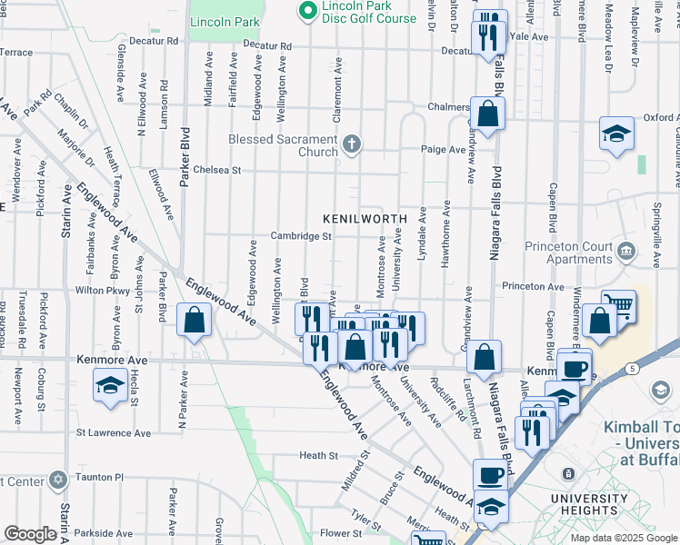 map of restaurants, bars, coffee shops, grocery stores, and more near 113 Claremont Ave in Buffalo