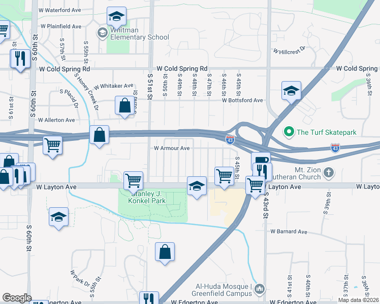 map of restaurants, bars, coffee shops, grocery stores, and more near 4605 South 48th Street in Greenfield