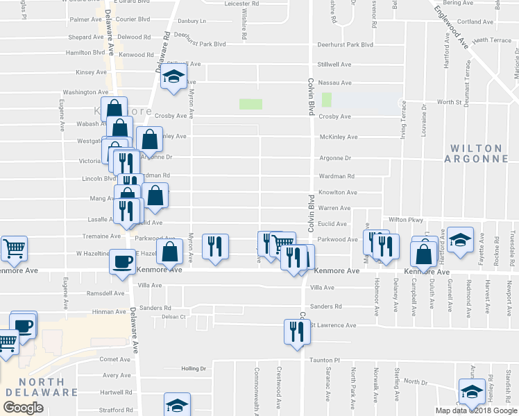 map of restaurants, bars, coffee shops, grocery stores, and more near 221 Warren Avenue in Kenmore