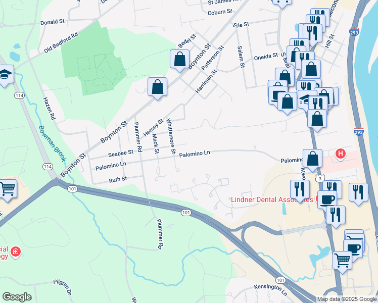 map of restaurants, bars, coffee shops, grocery stores, and more near 48 Palomino Lane in Bedford