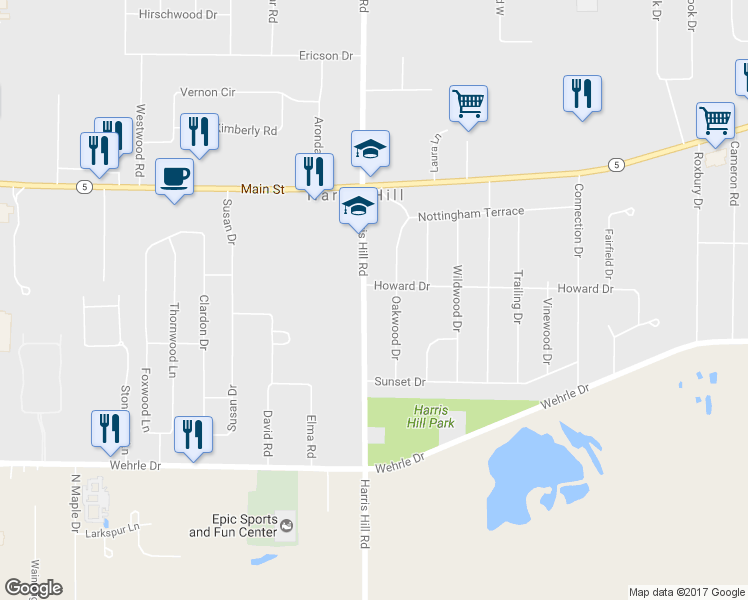 map of restaurants, bars, coffee shops, grocery stores, and more near 4205 Harris Hill Road in Buffalo