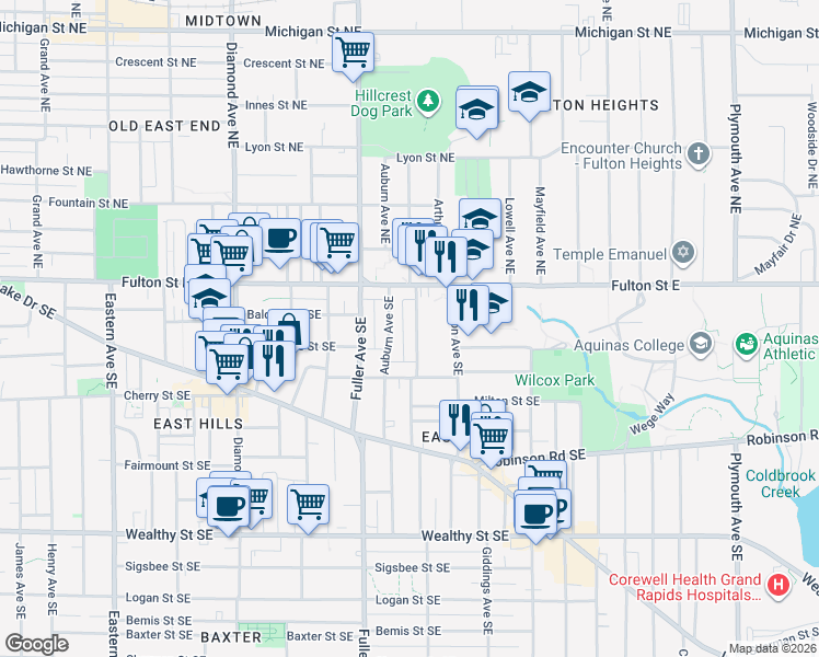 map of restaurants, bars, coffee shops, grocery stores, and more near 41 Benjamin Avenue Southeast in Grand Rapids