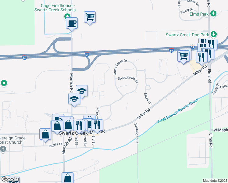 map of restaurants, bars, coffee shops, grocery stores, and more near 4478 Springbrook Drive in Swartz Creek