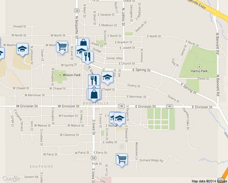map of restaurants, bars, coffee shops, grocery stores, and more near 221 E Chapel St in Dodgeville