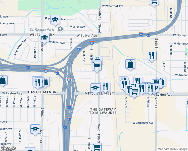 map of restaurants, bars, coffee shops, grocery stores, and more near 4572 South 14th Street in Milwaukee