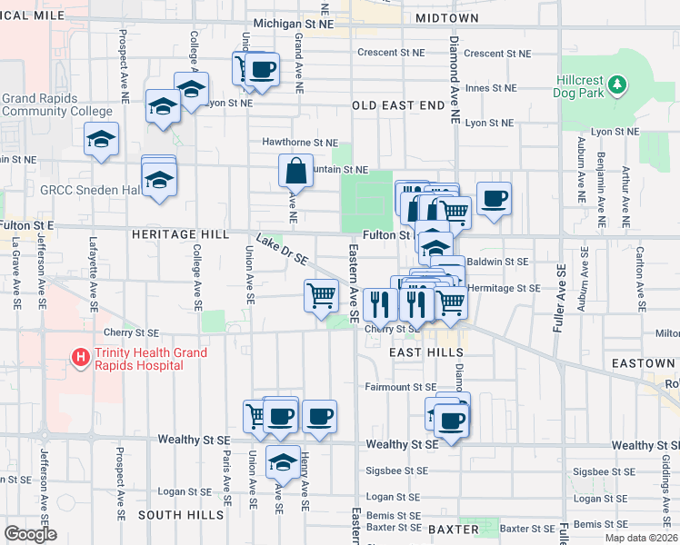 map of restaurants, bars, coffee shops, grocery stores, and more near 733 Lake Drive Southeast in Grand Rapids
