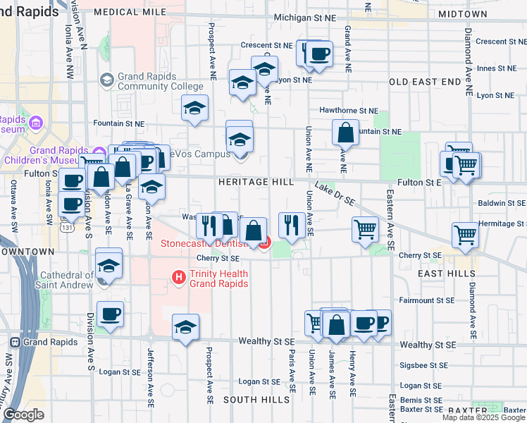 map of restaurants, bars, coffee shops, grocery stores, and more near 439 Washington Street Southeast in Grand Rapids