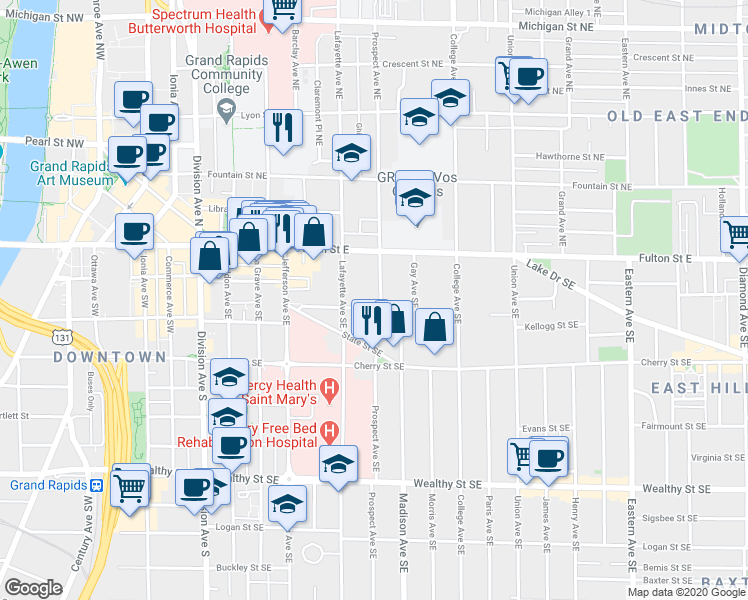 map of restaurants, bars, coffee shops, grocery stores, and more near 327 Washington Street Southeast in Grand Rapids