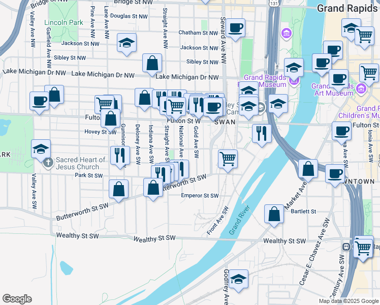map of restaurants, bars, coffee shops, grocery stores, and more near 734 Watson Street Southwest in Grand Rapids