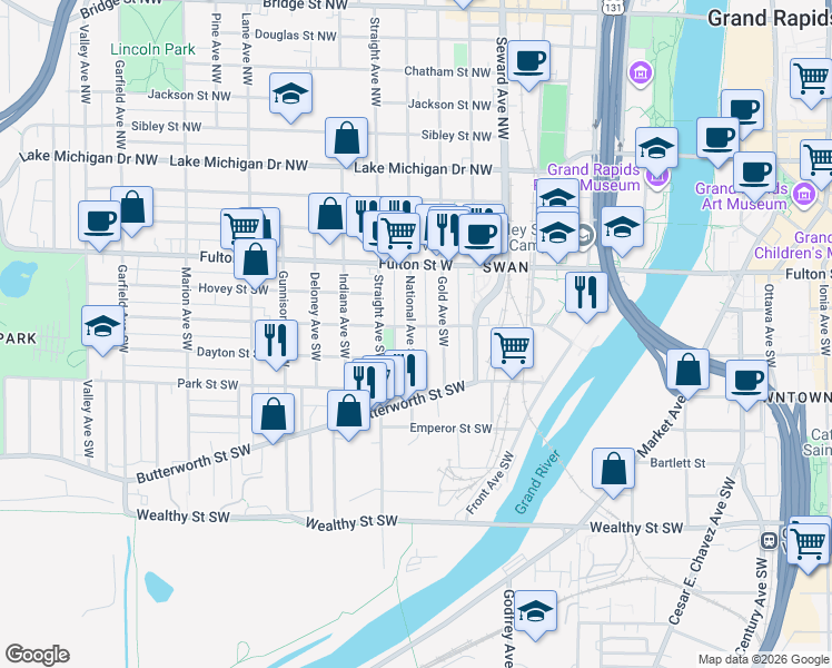 map of restaurants, bars, coffee shops, grocery stores, and more near 734 Watson Street Southwest in Grand Rapids