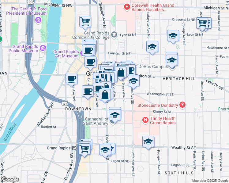 map of restaurants, bars, coffee shops, grocery stores, and more near 61 Sheldon Avenue Southeast in Grand Rapids