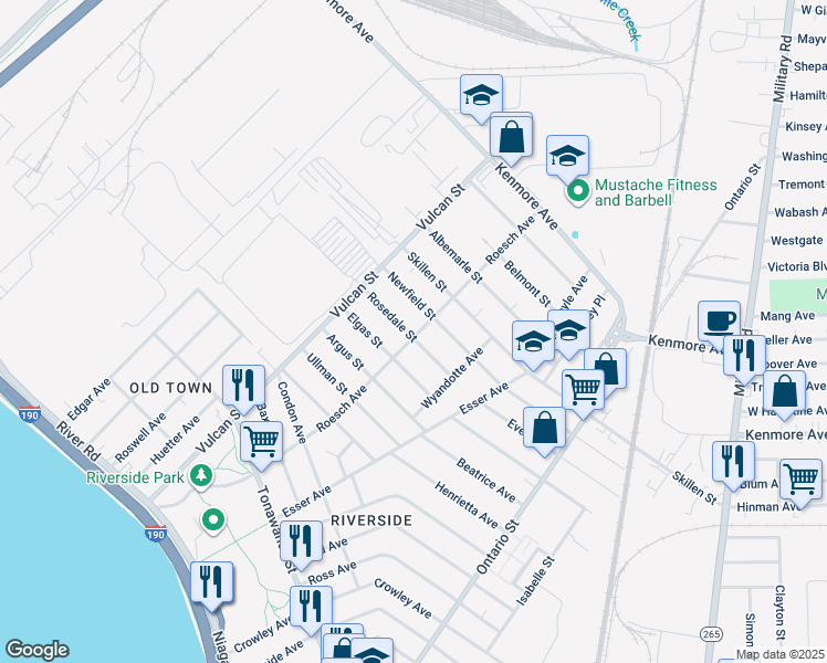 map of restaurants, bars, coffee shops, grocery stores, and more near 254 Roesch Avenue in Buffalo