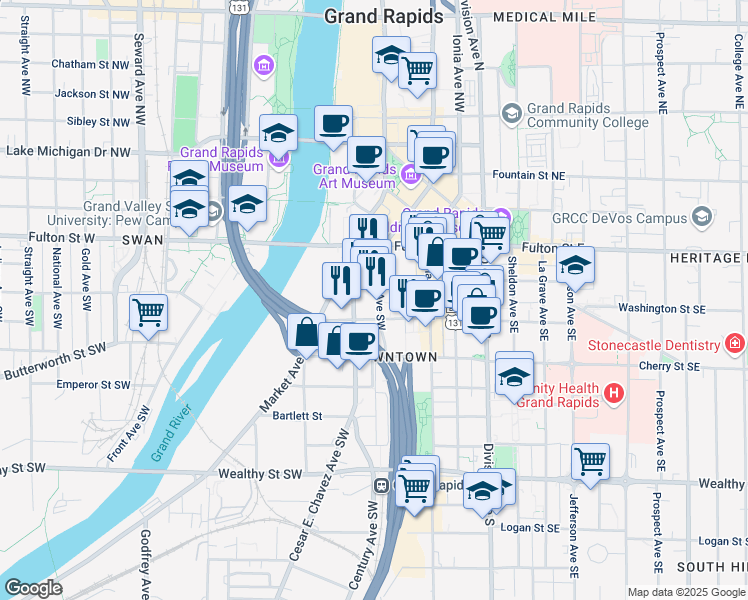 map of restaurants, bars, coffee shops, grocery stores, and more near 55 Ottawa Avenue Southwest in Grand Rapids
