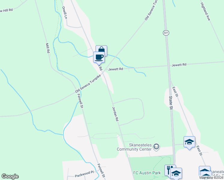 map of restaurants, bars, coffee shops, grocery stores, and more near 3624 Jordan Road in Skaneateles