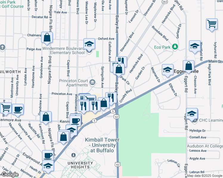 map of restaurants, bars, coffee shops, grocery stores, and more near 85 Callodine Avenue in Buffalo