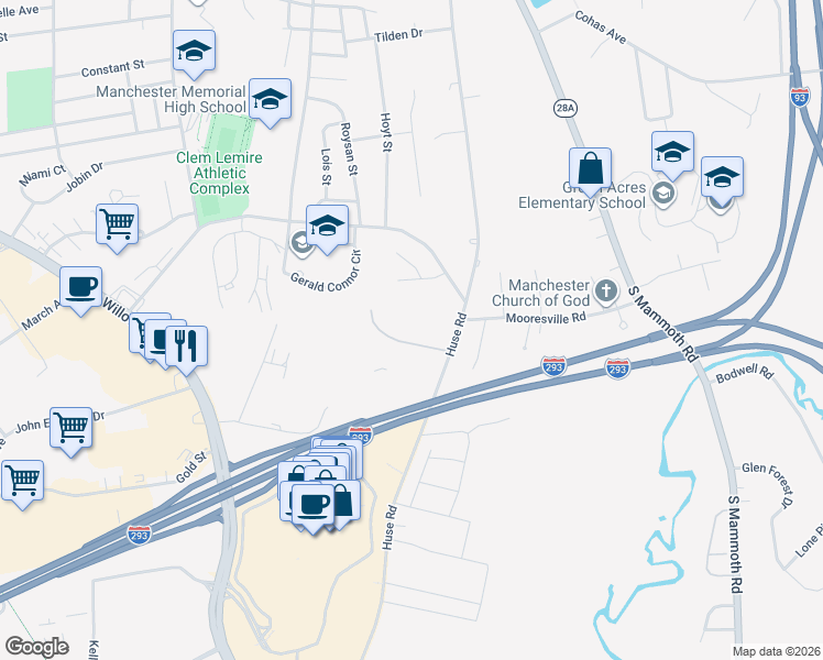 map of restaurants, bars, coffee shops, grocery stores, and more near Parkview Hills Condominiums in Manchester