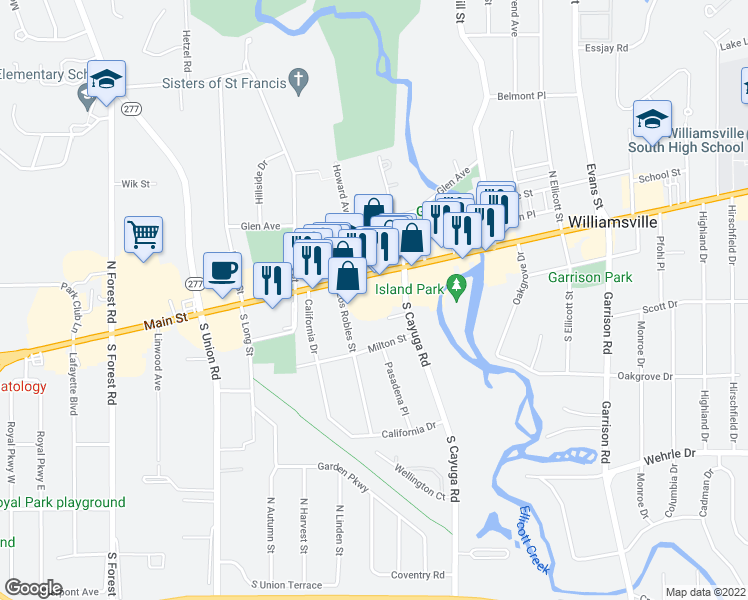 map of restaurants, bars, coffee shops, grocery stores, and more near 5501 Main Street in Williamsville
