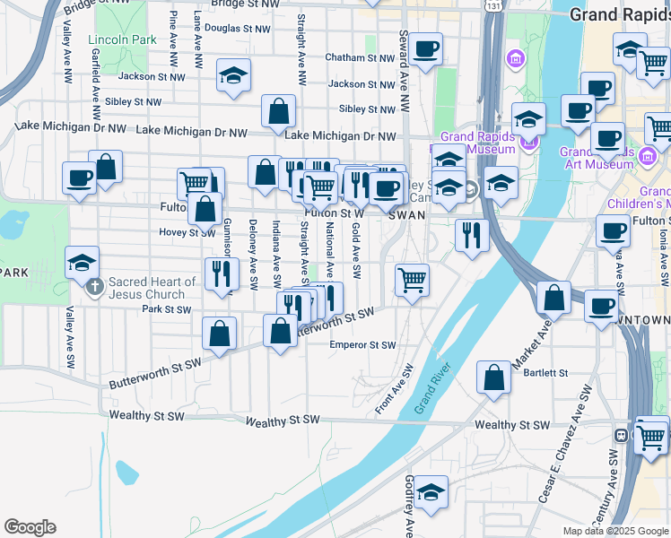 map of restaurants, bars, coffee shops, grocery stores, and more near 734 Watson Street Southwest in Grand Rapids