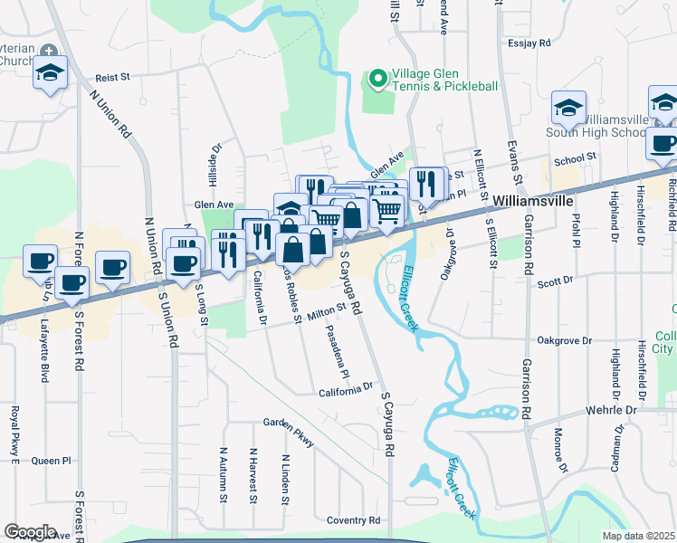 map of restaurants, bars, coffee shops, grocery stores, and more near 31 South Cayuga Road in Williamsville