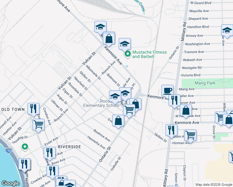 map of restaurants, bars, coffee shops, grocery stores, and more near 40 Doyle Avenue in Buffalo