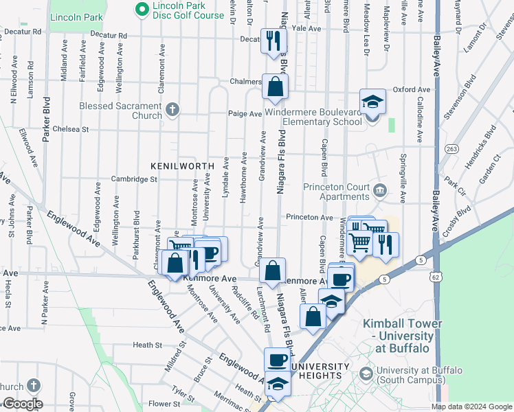 map of restaurants, bars, coffee shops, grocery stores, and more near 114 Grandview Avenue in Buffalo