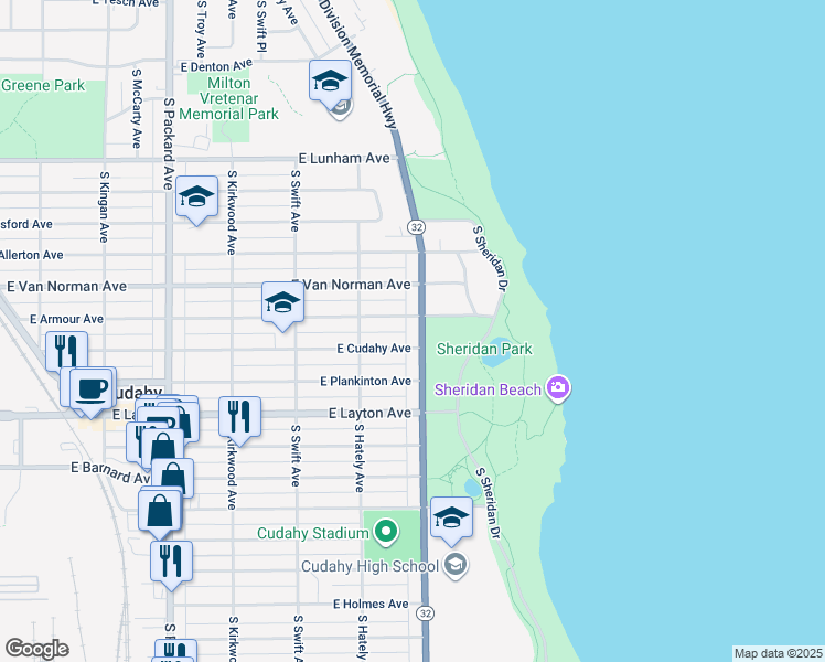 map of restaurants, bars, coffee shops, grocery stores, and more near 4559 South Lake Drive in Cudahy