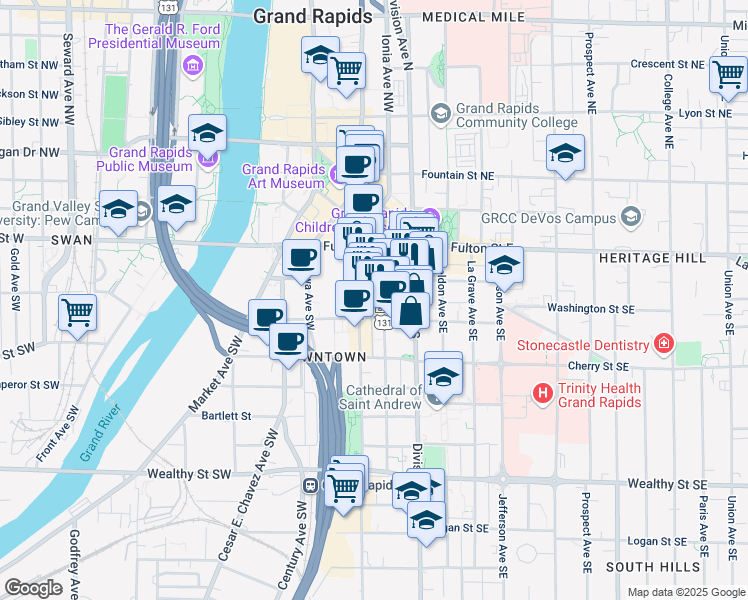 map of restaurants, bars, coffee shops, grocery stores, and more near 59 Commerce Avenue Southwest in Grand Rapids