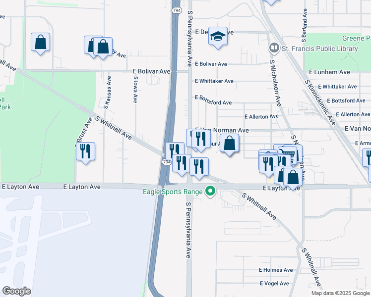 map of restaurants, bars, coffee shops, grocery stores, and more near 4557 South Pennsylvania Avenue in Saint Francis