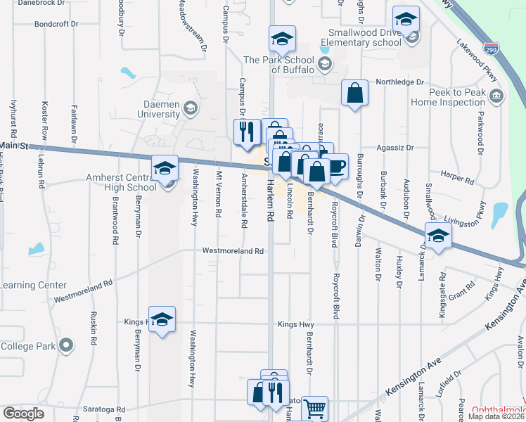 map of restaurants, bars, coffee shops, grocery stores, and more near 4318 Harlem Road in Buffalo