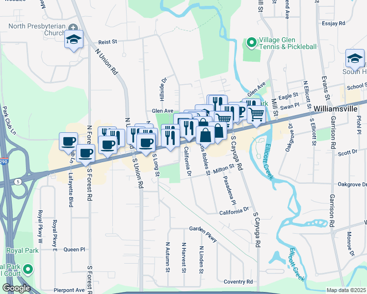 map of restaurants, bars, coffee shops, grocery stores, and more near 5415 Main Street in Buffalo
