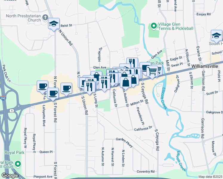 map of restaurants, bars, coffee shops, grocery stores, and more near 5409 Main Street in Williamsville