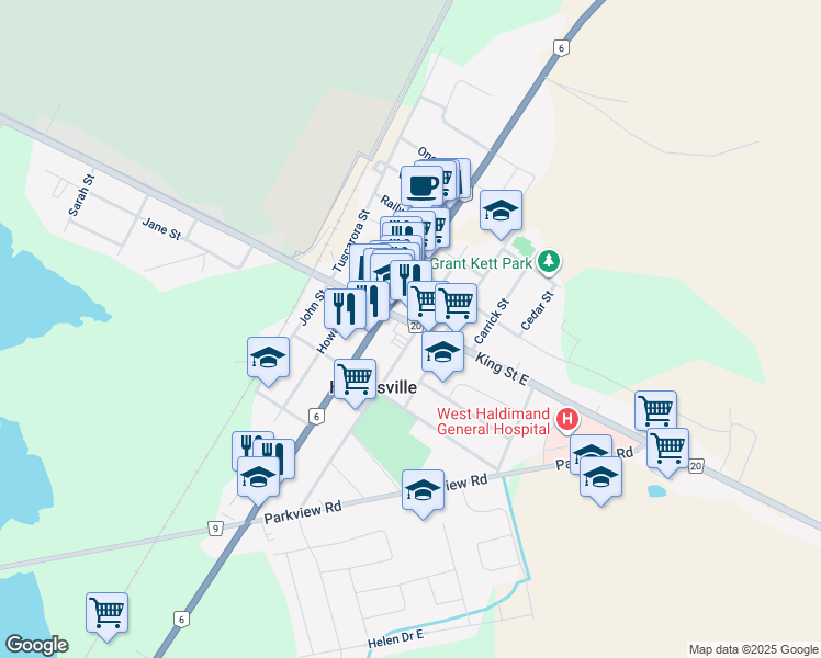 map of restaurants, bars, coffee shops, grocery stores, and more near 22 King Street East in Hagersville