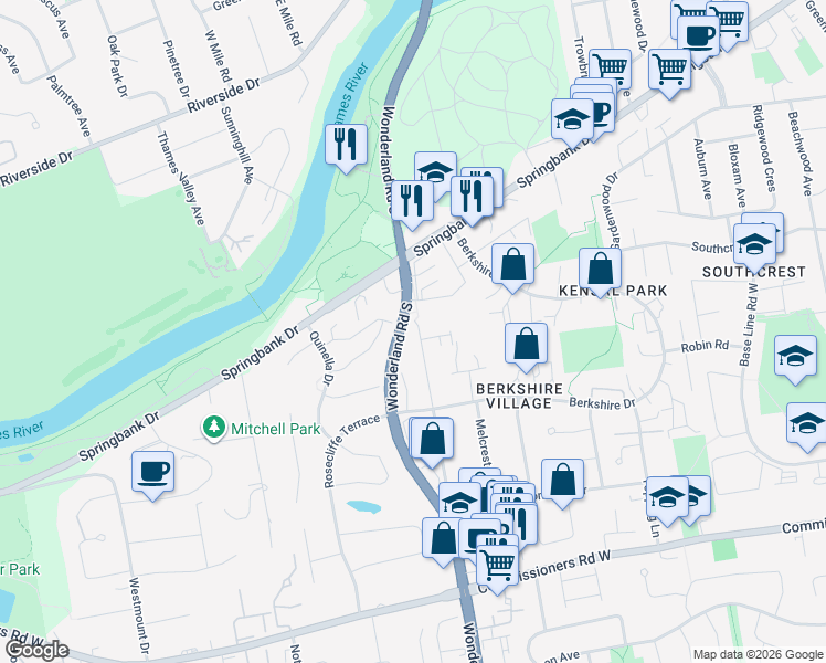 map of restaurants, bars, coffee shops, grocery stores, and more near 409 Old Wonderland Road in London