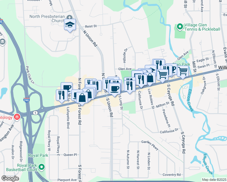 map of restaurants, bars, coffee shops, grocery stores, and more near 5326 Main Street in Williamsville