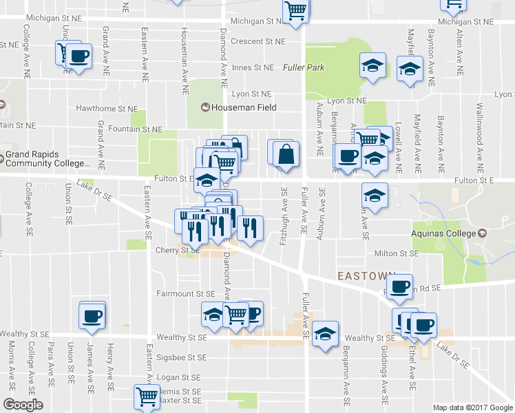 map of restaurants, bars, coffee shops, grocery stores, and more near 41 Dennis Ave SE in Grand Rapids
